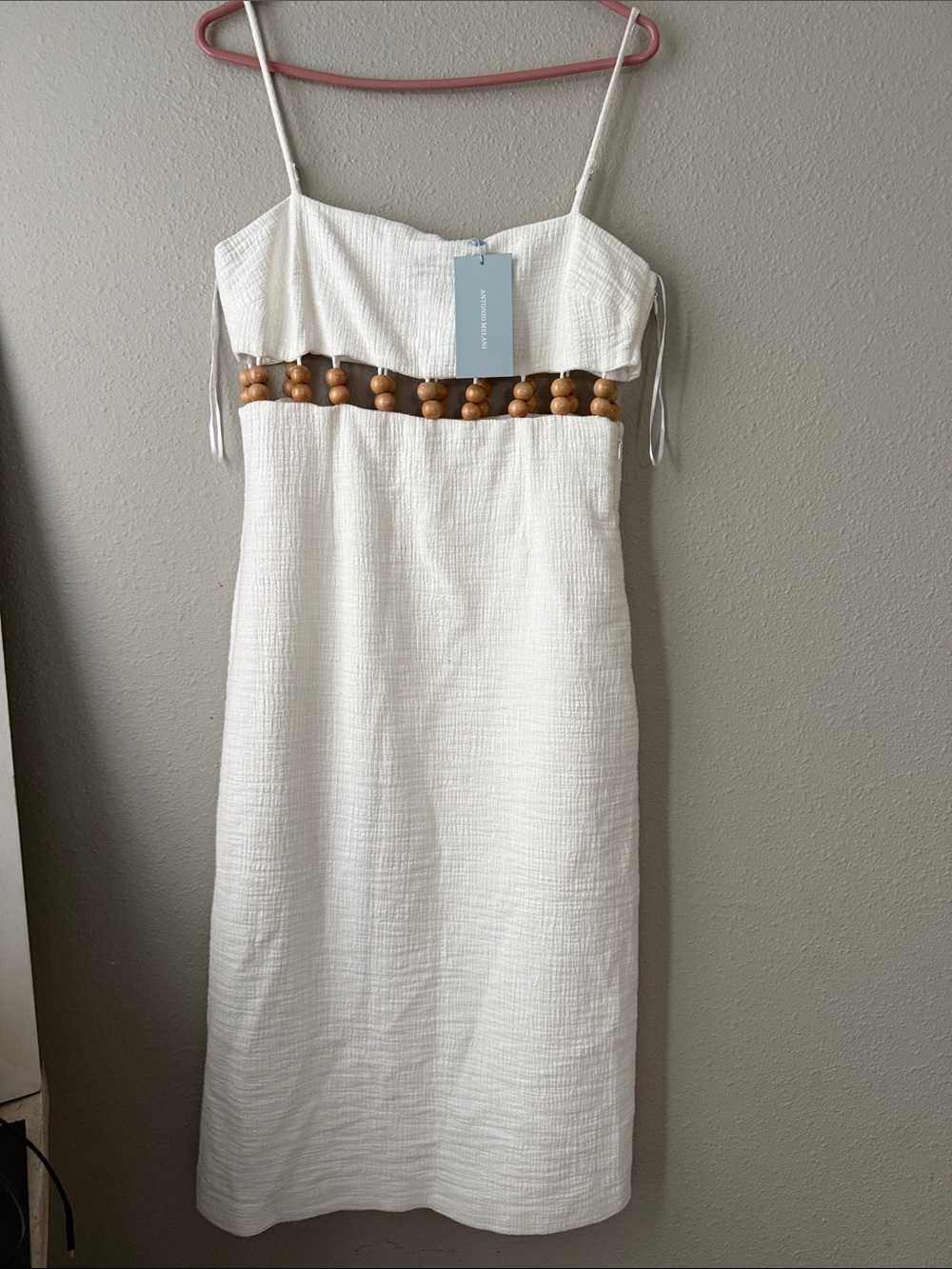 ANTONIO MELANI White Textured Midi Dress with Wooden Bead Waist